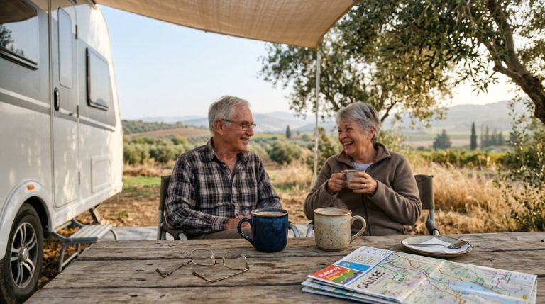 זוג פנסיונרים נהנים מהחופש לצד קרוואן